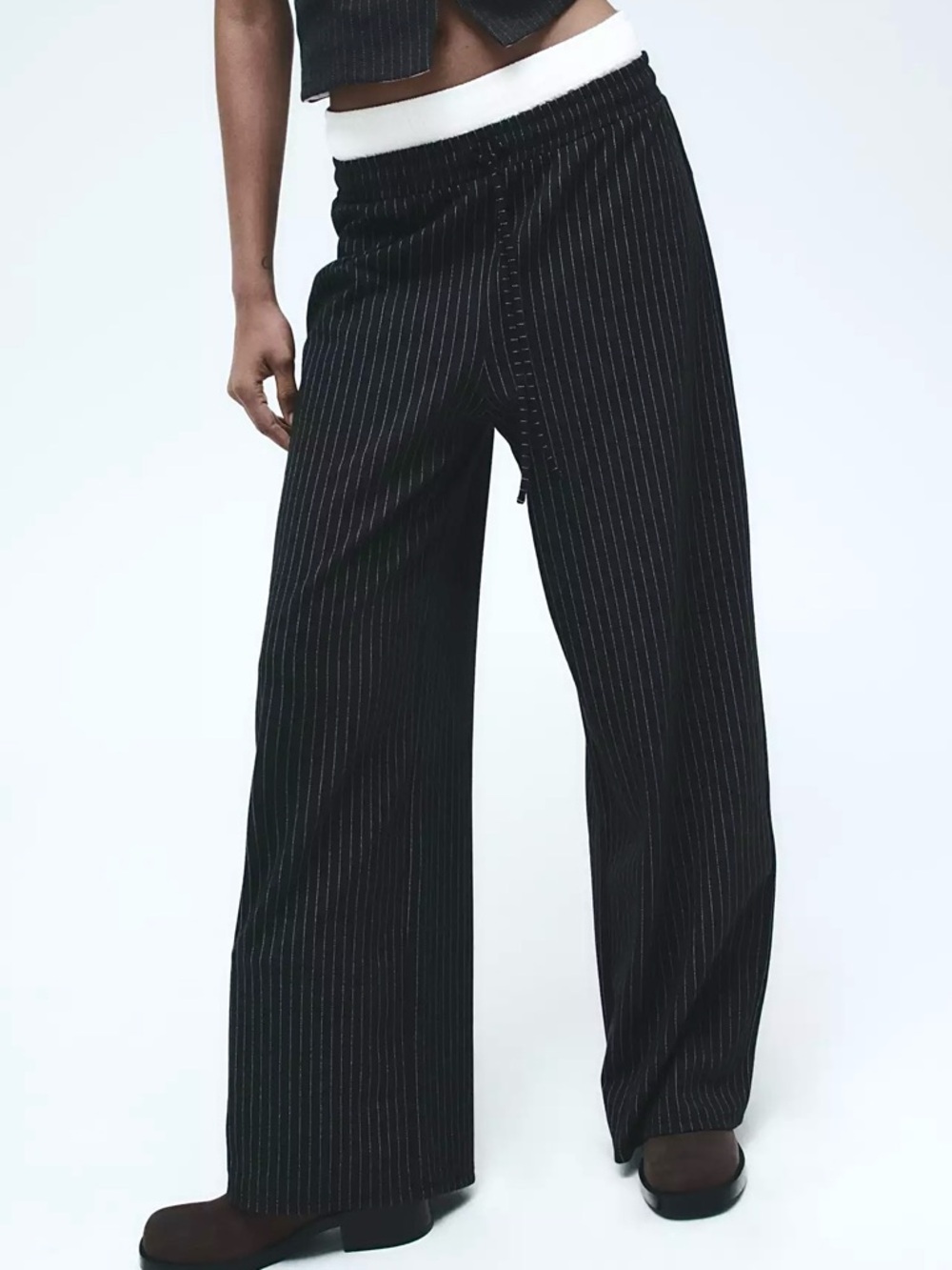 Zara Black Pinstripe Wide-Leg Drawstring Boxer Pants Size M